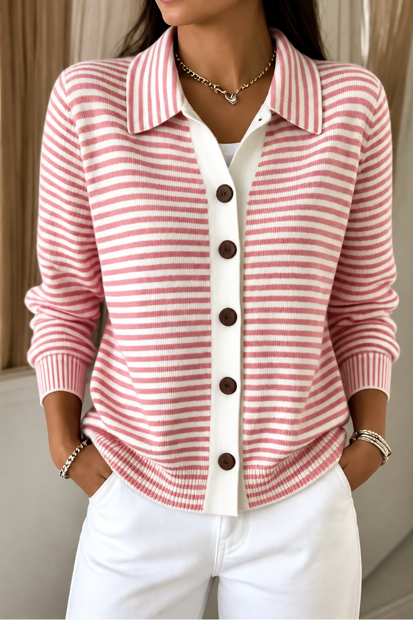 Women's Knit Striped Collared Cardigan Sweater Jacket