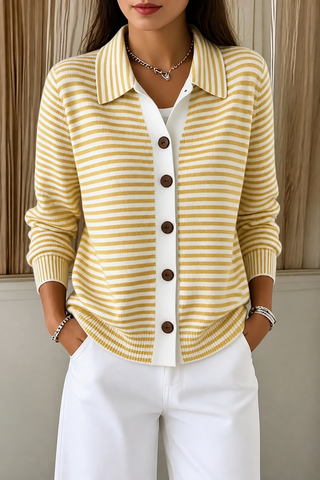 Women's Knit Striped Collared Cardigan Sweater Jacket