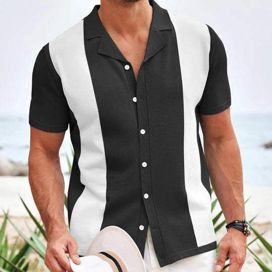Men's Knit Vertical Stripe Short Sleeve Shirt Button Down Lapel Polo