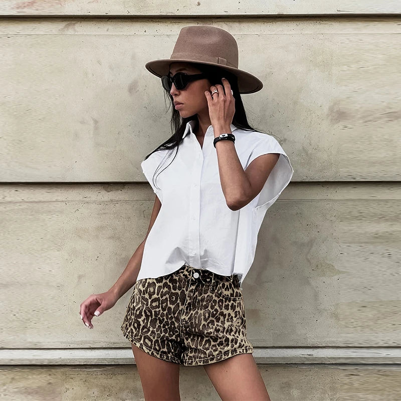 Women's Denim Leopard Print Shorts High Waisted Animal Pattern Jean Shorts