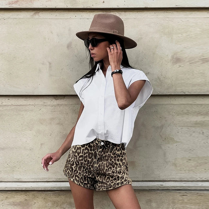 Women's Denim Leopard Print Shorts High Waisted Animal Pattern Jean Shorts