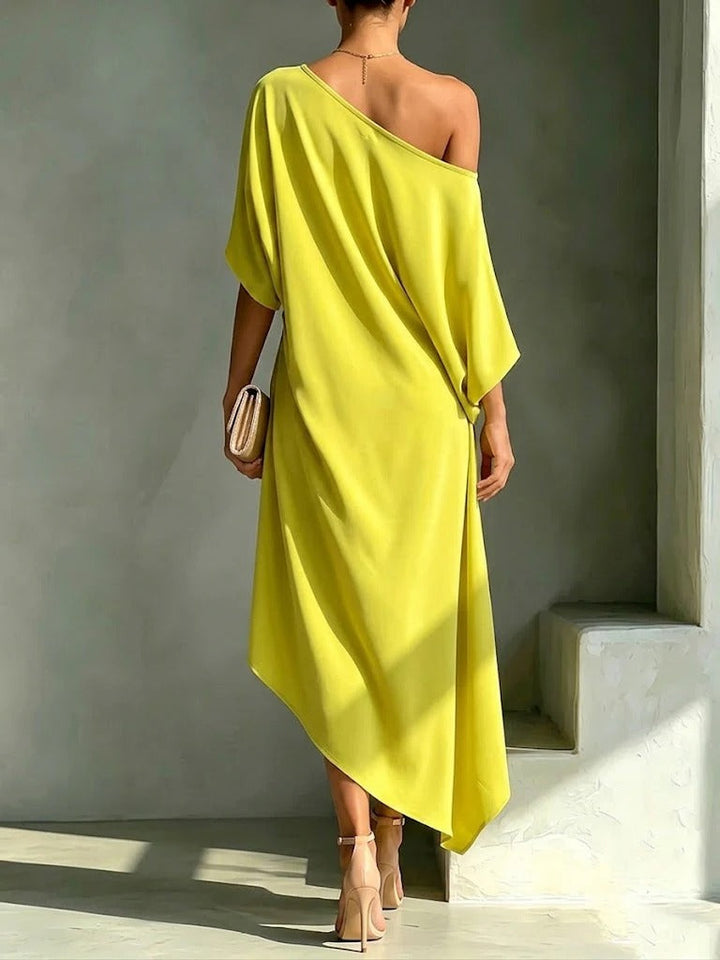 Women's Satin Asymmetric Off Shoulder Draped Party Midi Dress