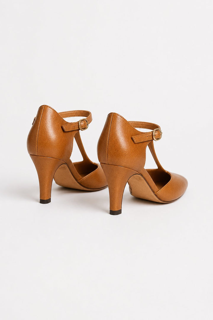 Women's Leather T-Strap High Heels Pointed Toe Pumps Shoes