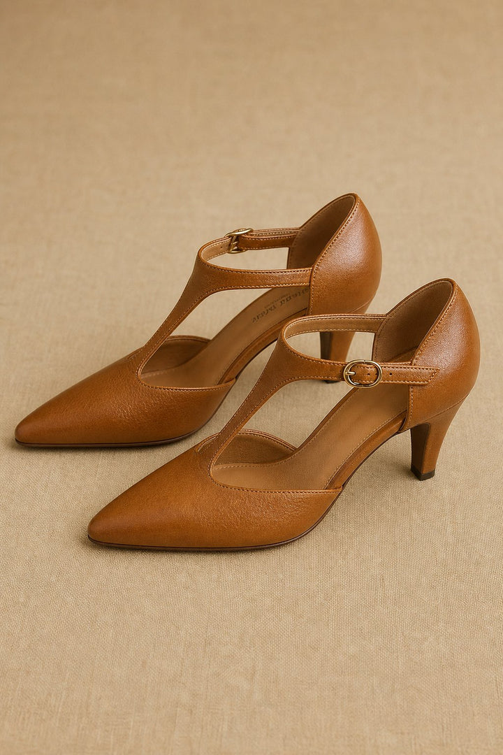 Women's Leather T-Strap High Heels Pointed Toe Pumps Shoes