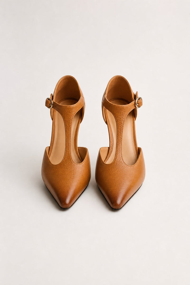 Women's Leather T-Strap High Heels Pointed Toe Pumps Shoes