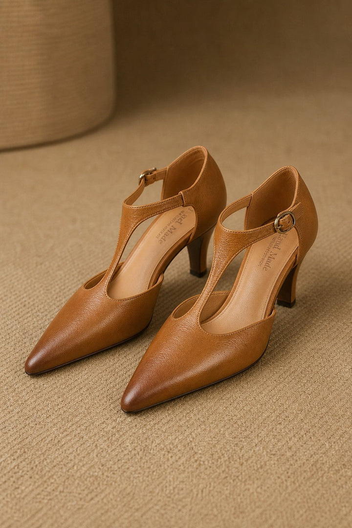 Women's Leather T-Strap High Heels Pointed Toe Pumps Shoes