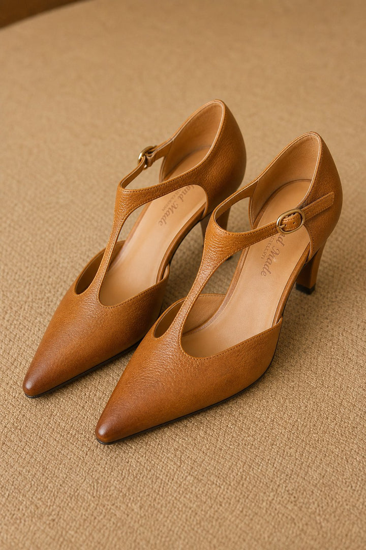 Women's Leather T-Strap High Heels Pointed Toe Pumps Shoes