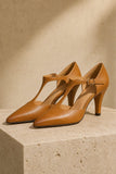 Women's Leather T-Strap High Heels Pointed Toe Pumps Shoes