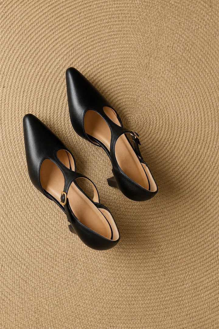 Women's Leather T-Strap High Heels Pointed Toe Pumps Shoes