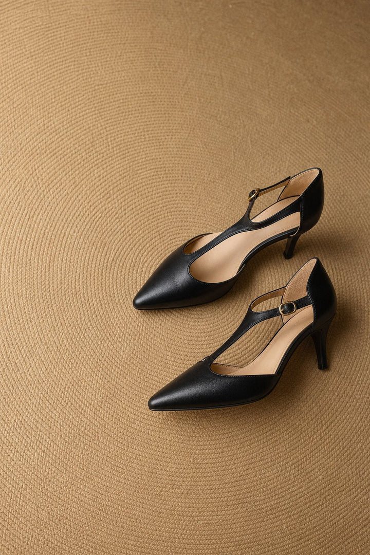 Women's Leather T-Strap High Heels Pointed Toe Pumps Shoes