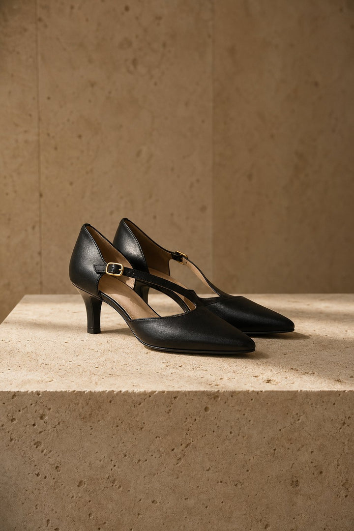 Women's Leather T-Strap High Heels Pointed Toe Pumps Shoes