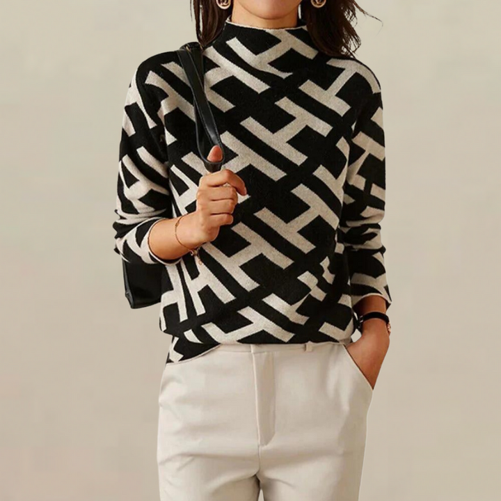 Womens Knit Jumper Mock Neck Wool Geometric Patterned Pullover Sweater