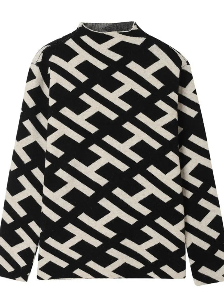 Womens Knit Jumper Mock Neck Wool Geometric Patterned Pullover Sweater