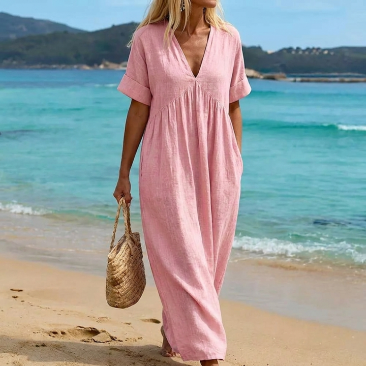 Women’s Linen V-Neck Short-Sleeve Maxi Dress