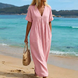 Women's Linen Maxi Dress V Neck Casual Beach Sundress