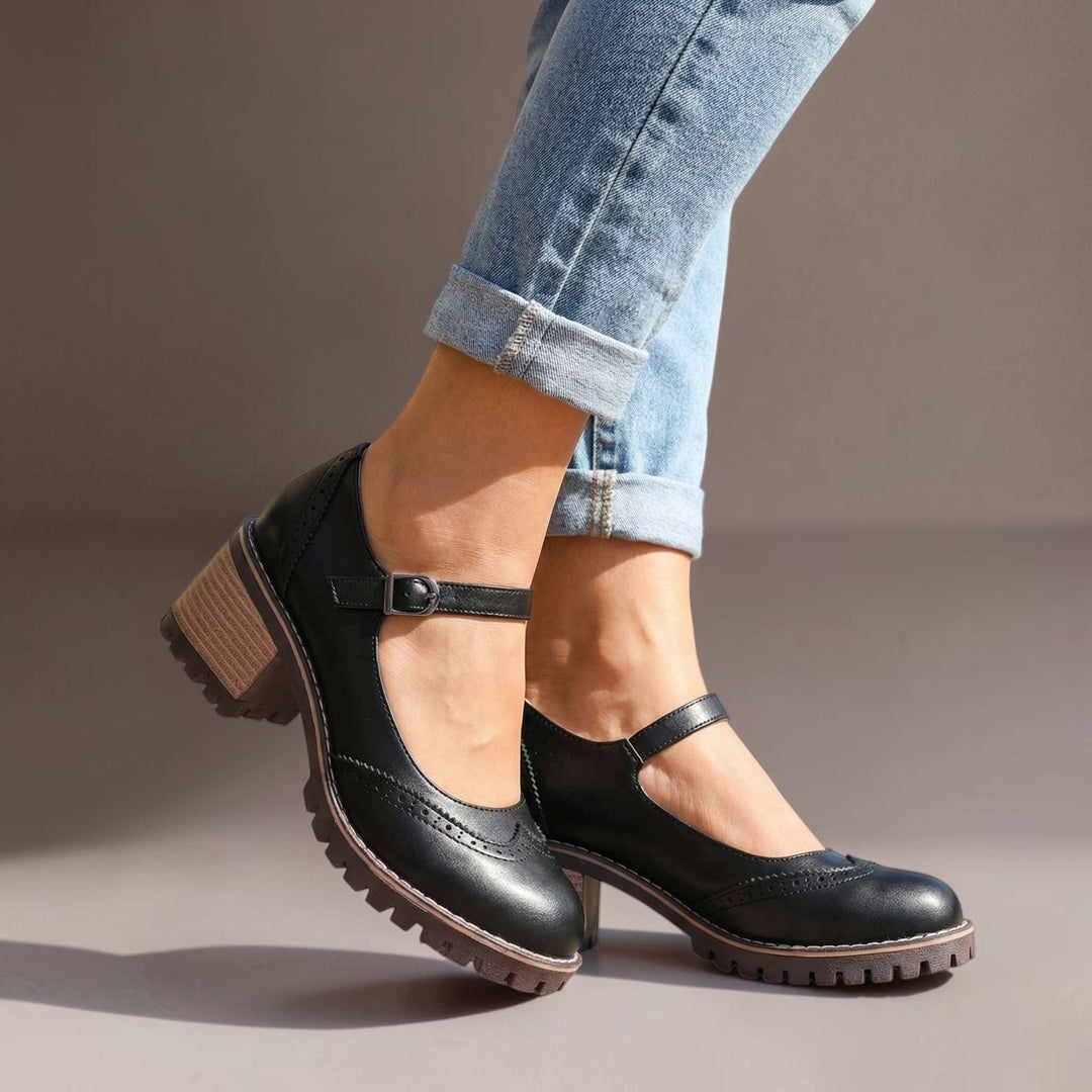 Women's Leather Mary Jane Block Heel Pump Shoes