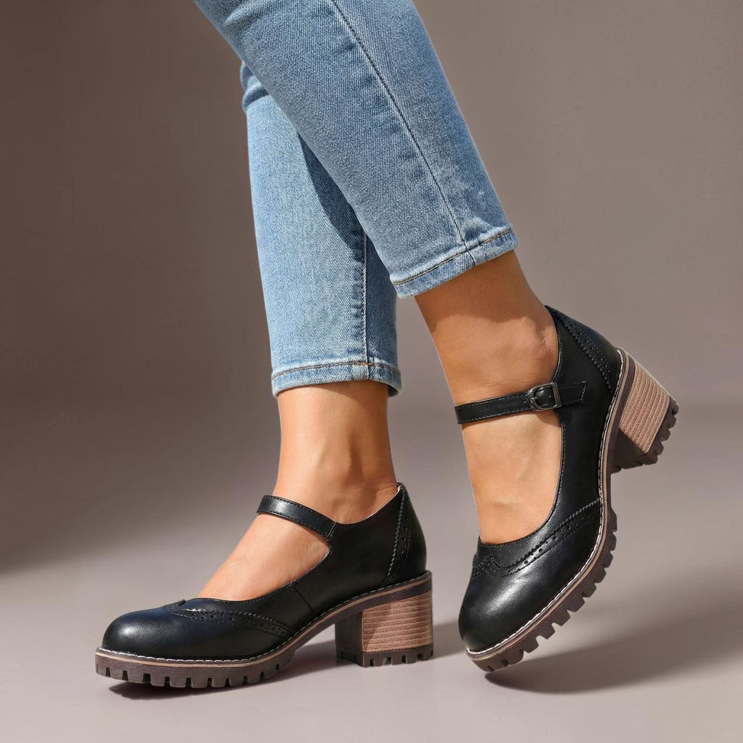 Women's Leather Mary Jane Block Heel Pump Shoes