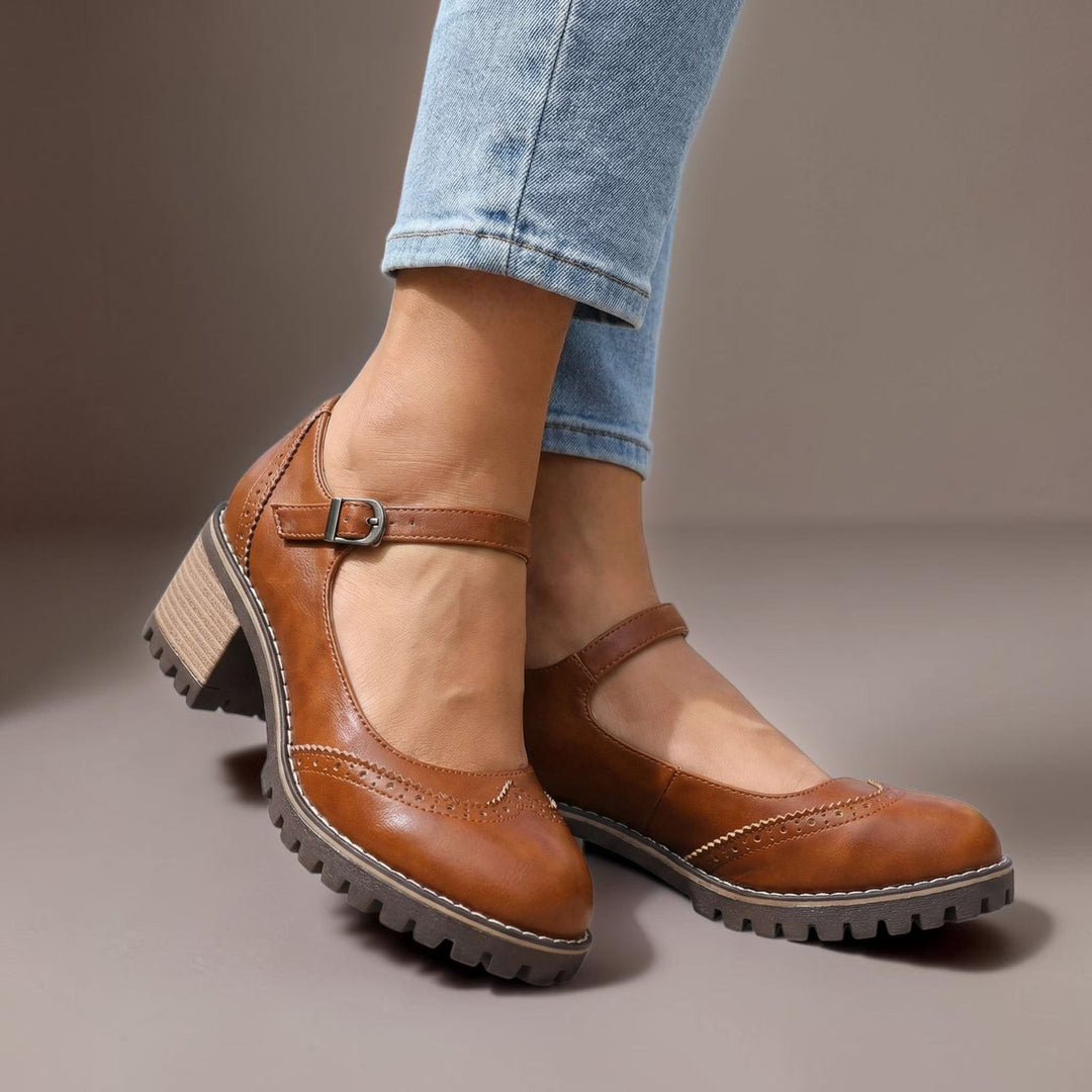 Women's Leather Mary Jane Block Heel Pump Shoes