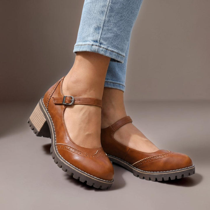 Women's Leather Mary Jane Block Heel Pump Shoes