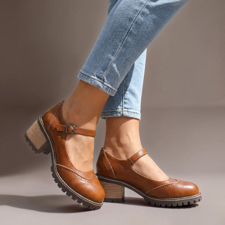 Women's Leather Mary Jane Block Heel Pump Shoes