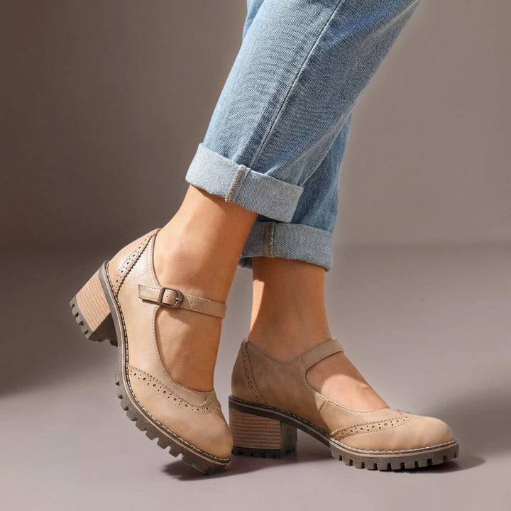 Women's Leather Mary Jane Block Heel Pump Shoes