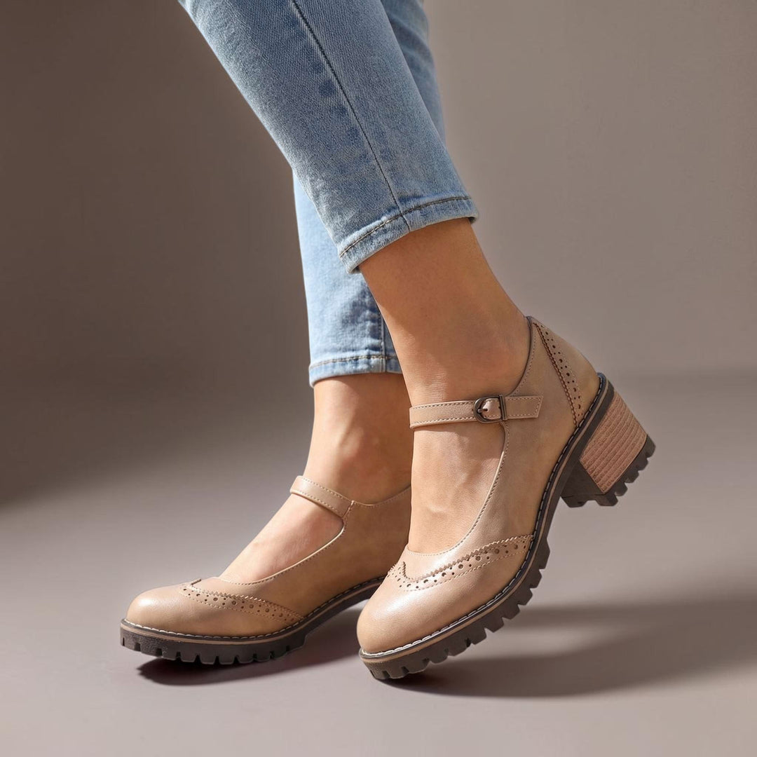 Women's Leather Mary Jane Block Heel Pump Shoes