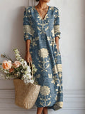 Damska długa sukienka boho z lnu w kwiaty, z dekoltem w serek i długimi rękawami