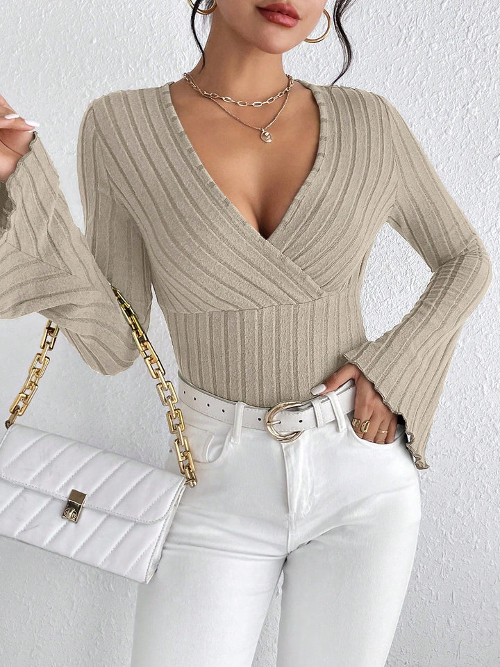 Women's Knit V-Neck Jumper Ribbed Flare Sleeve Pullover