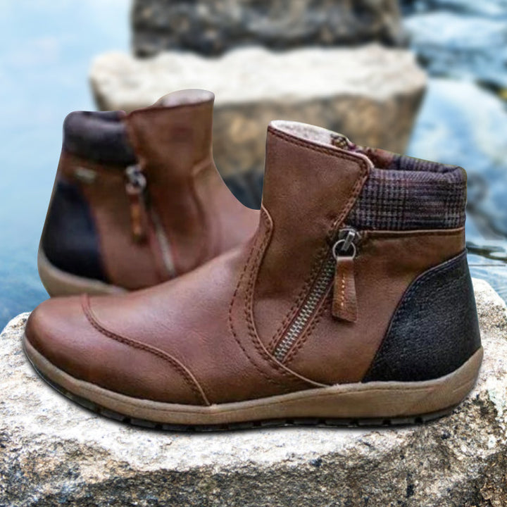 Γυναικεία δερμάτινα άνετα casual μποτάκια με φερμουάρ στον αστράγαλο