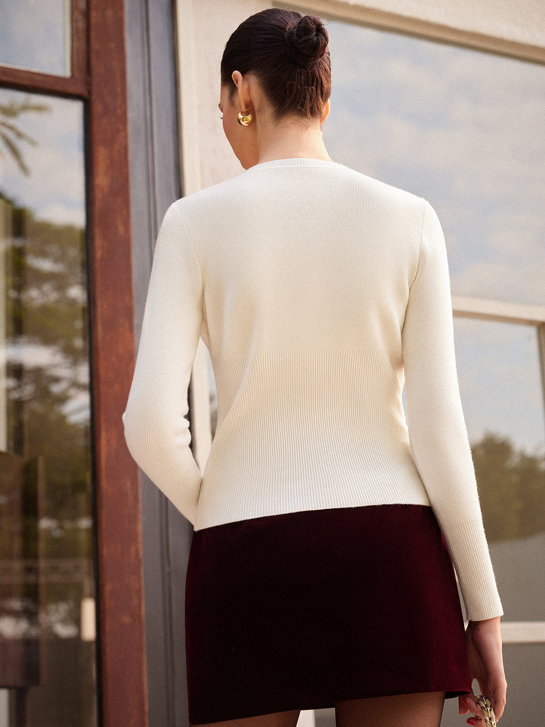 Women's Long Sleeve Ribbed Wool Knit Cardigan Sweater Jumper