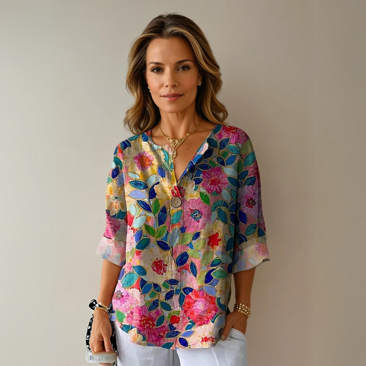 Women's Floral V-Neck Blouse V-Neck Printed Shirt