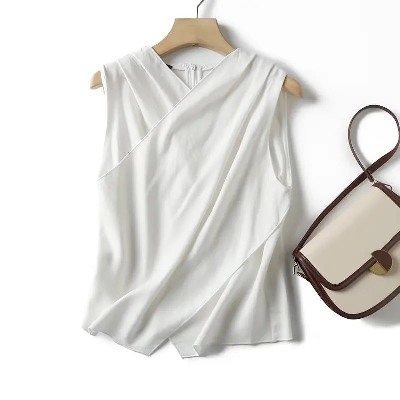 Sleeveless Blouse Women Silk Drape Wrap Front