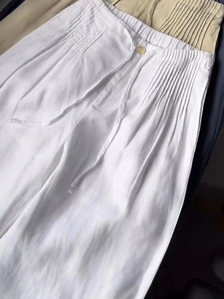 Women Wide Leg Linen Blend Trousers High Waist Smocked Culottes Pants