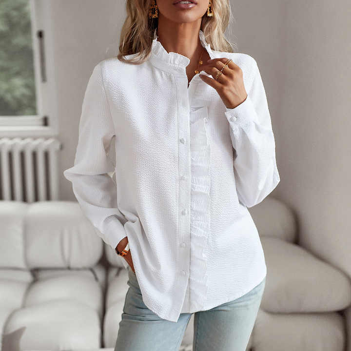 Women's Linen Blend Blouse  Ruffle Stand Collar Long Sleeve Shirt
