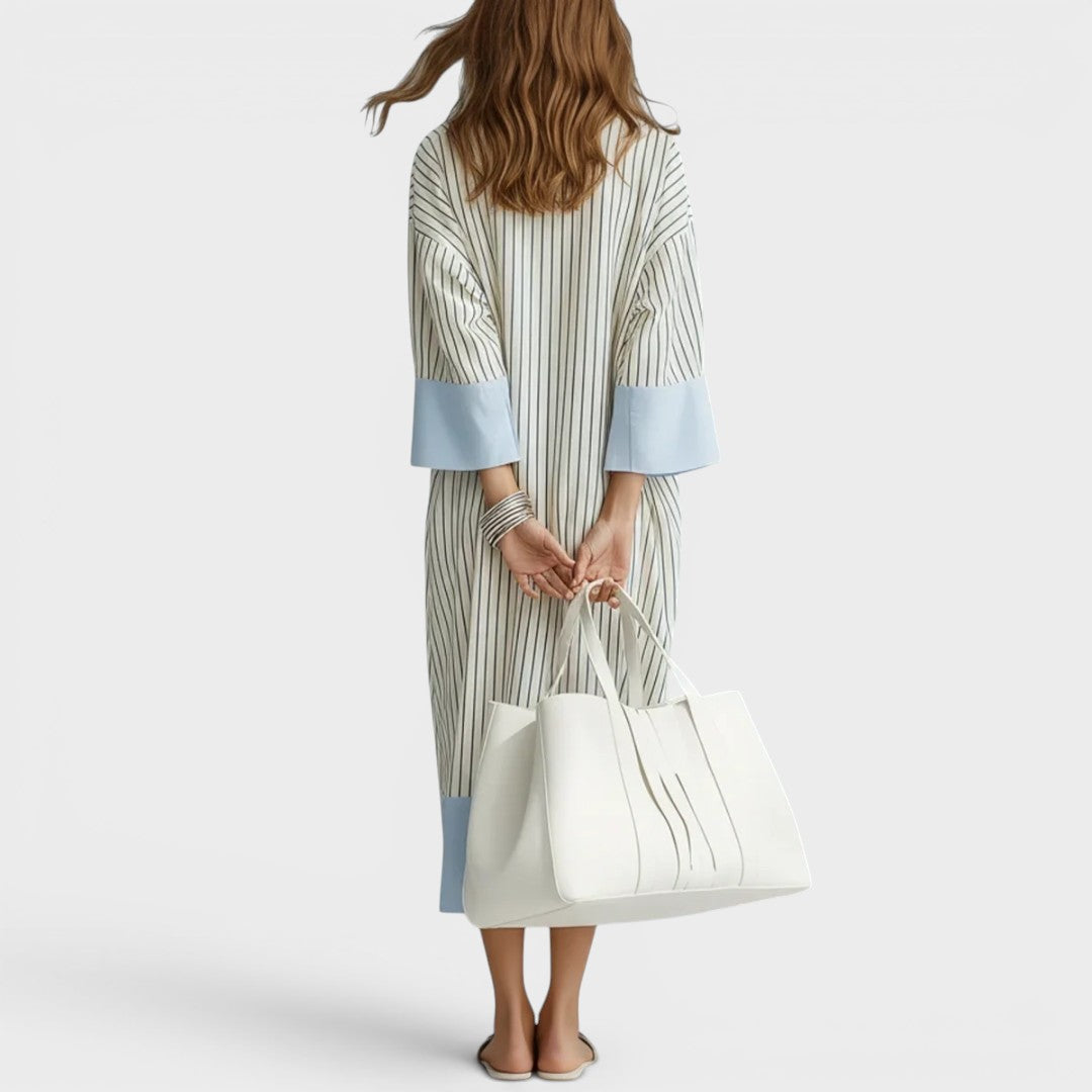 Women’s Linen Blend Striped V-Neck Maxi Dress with Collar