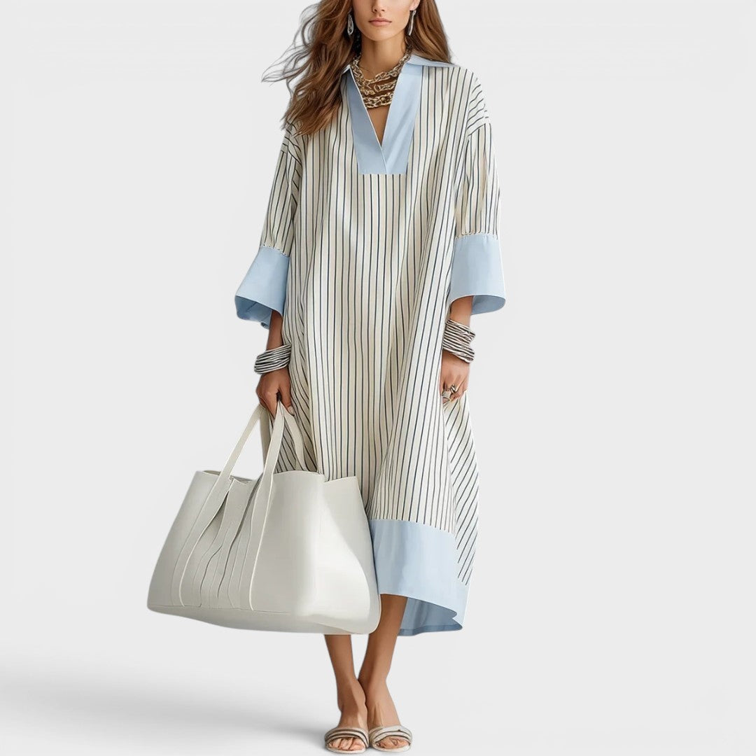 Women’s Linen Blend Striped V-Neck Maxi Dress with Collar