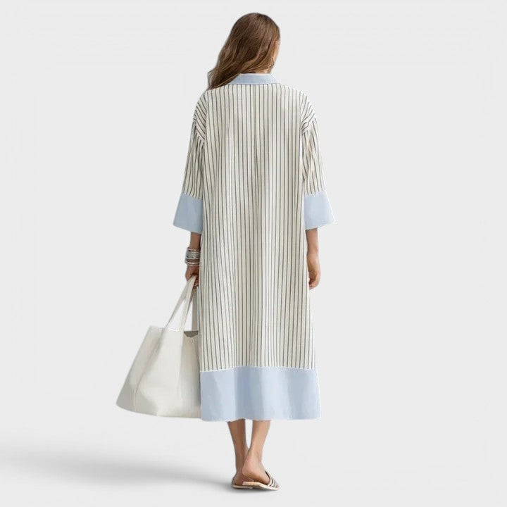 Women’s Linen Blend Striped V-Neck Maxi Dress with Collar