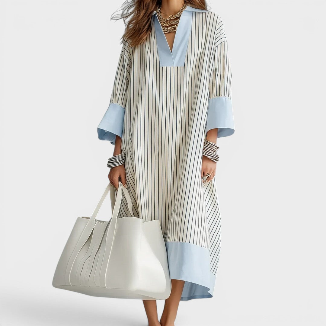 Women’s Linen Blend Striped V-Neck Maxi Dress with Collar