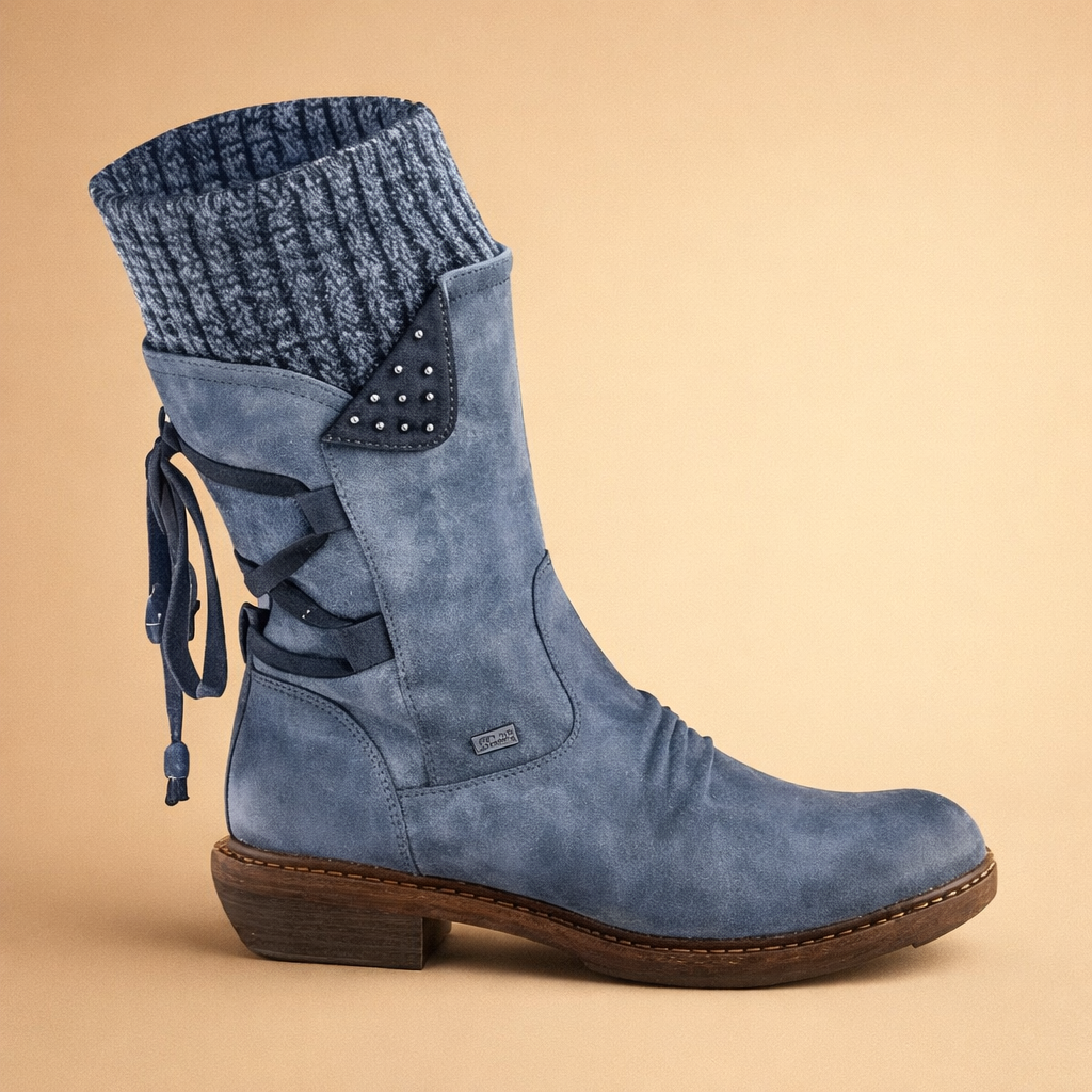 Women's Suede Knit Mid Calf Outdoor Ankle Boots 