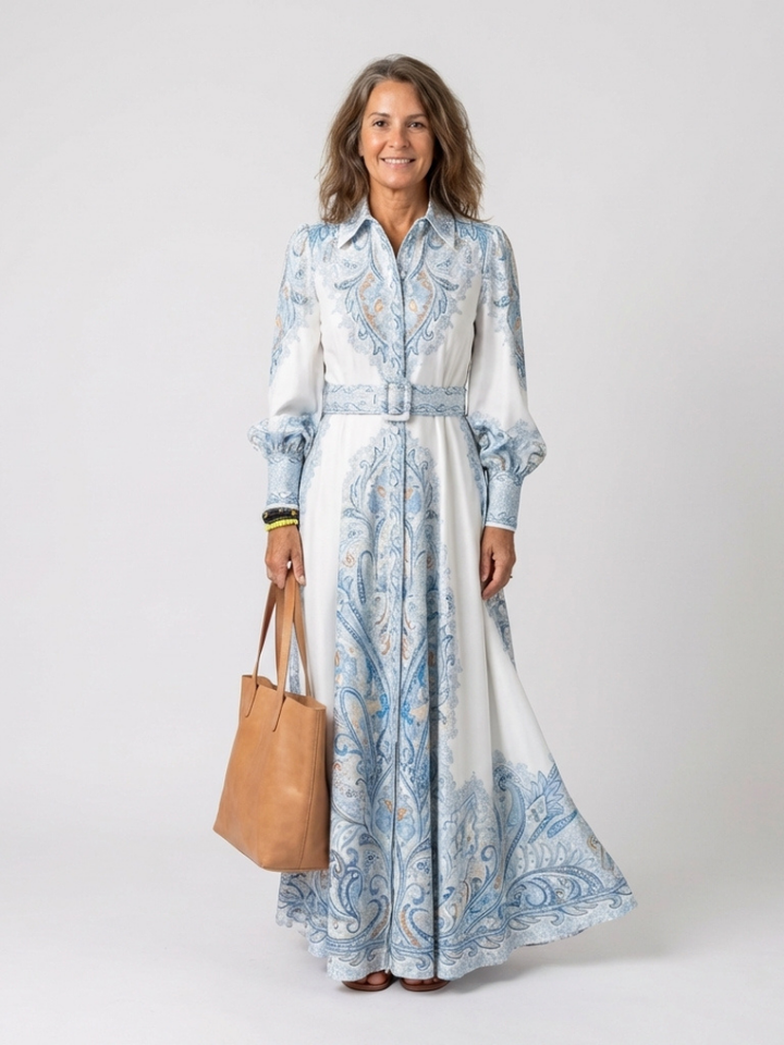 Dámské boho maxi šaty ze saténu s dlouhými rukávy a zapínáním na knoflíky