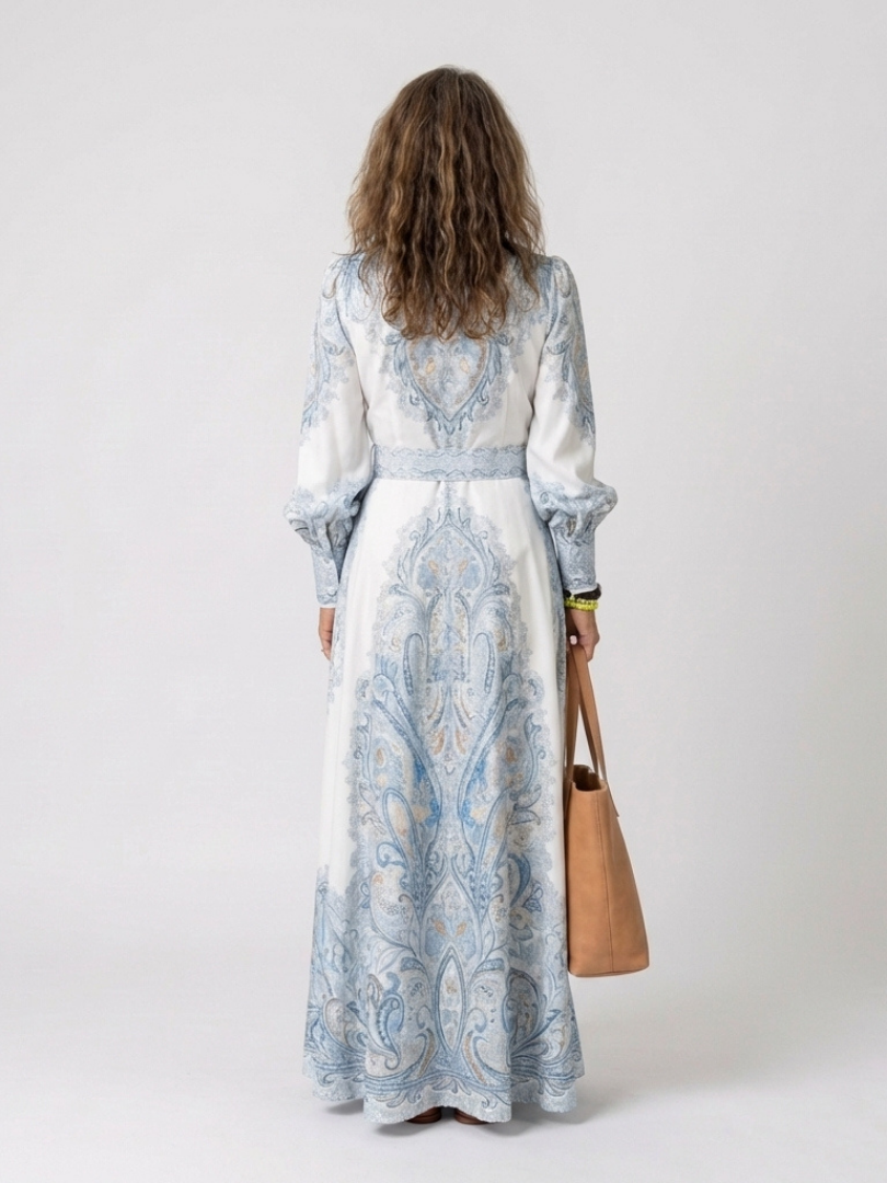 Dámské boho maxi šaty ze saténu s dlouhými rukávy a zapínáním na knoflíky
