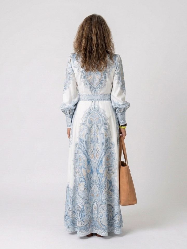 Dámské boho maxi šaty ze saténu s dlouhými rukávy a zapínáním na knoflíky