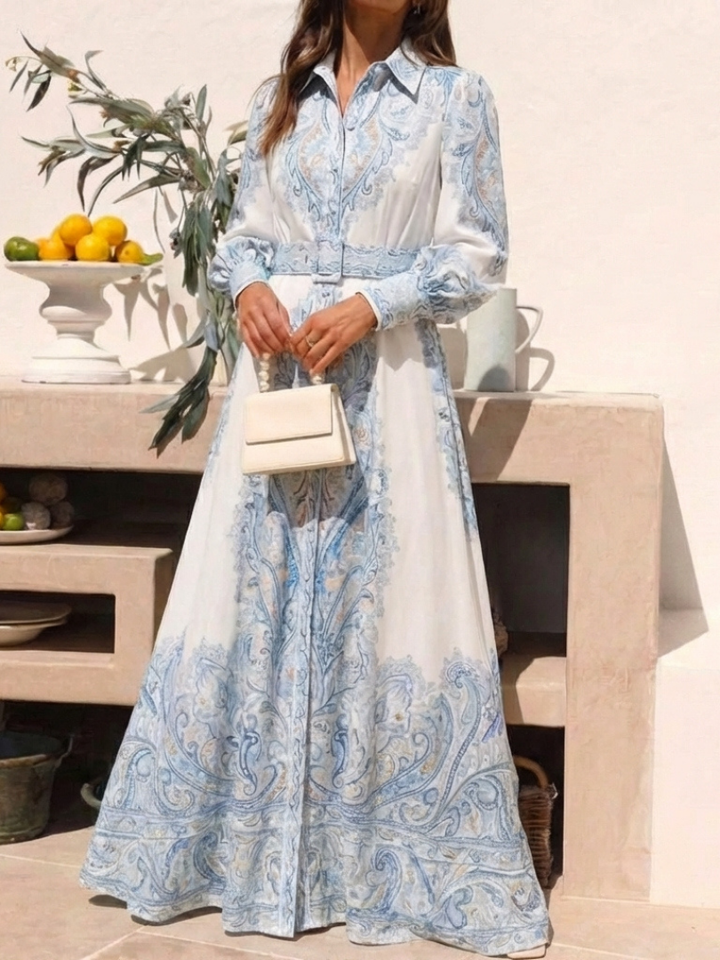 Dámské boho maxi šaty ze saténu s dlouhými rukávy a zapínáním na knoflíky