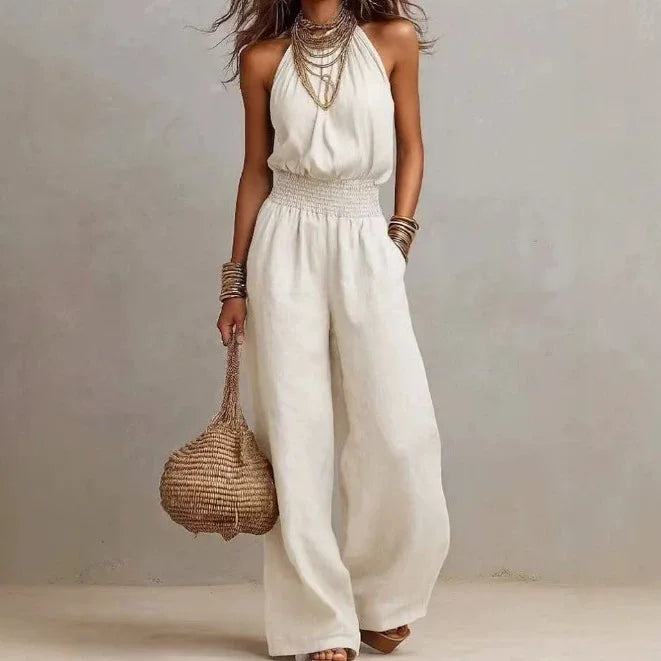 Women's Linen Halter Neck Wide Leg Sleeveless Jumpsuit