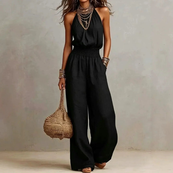 Women's Linen Halter Neck Wide Leg Sleeveless Jumpsuit