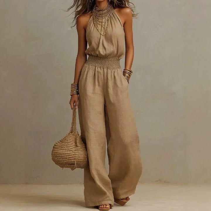 Women's Linen Halter Neck Wide Leg Sleeveless Jumpsuit