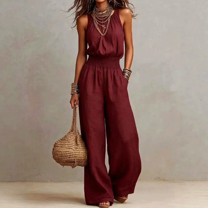 Women's Linen Halter Neck Wide Leg Sleeveless Jumpsuit