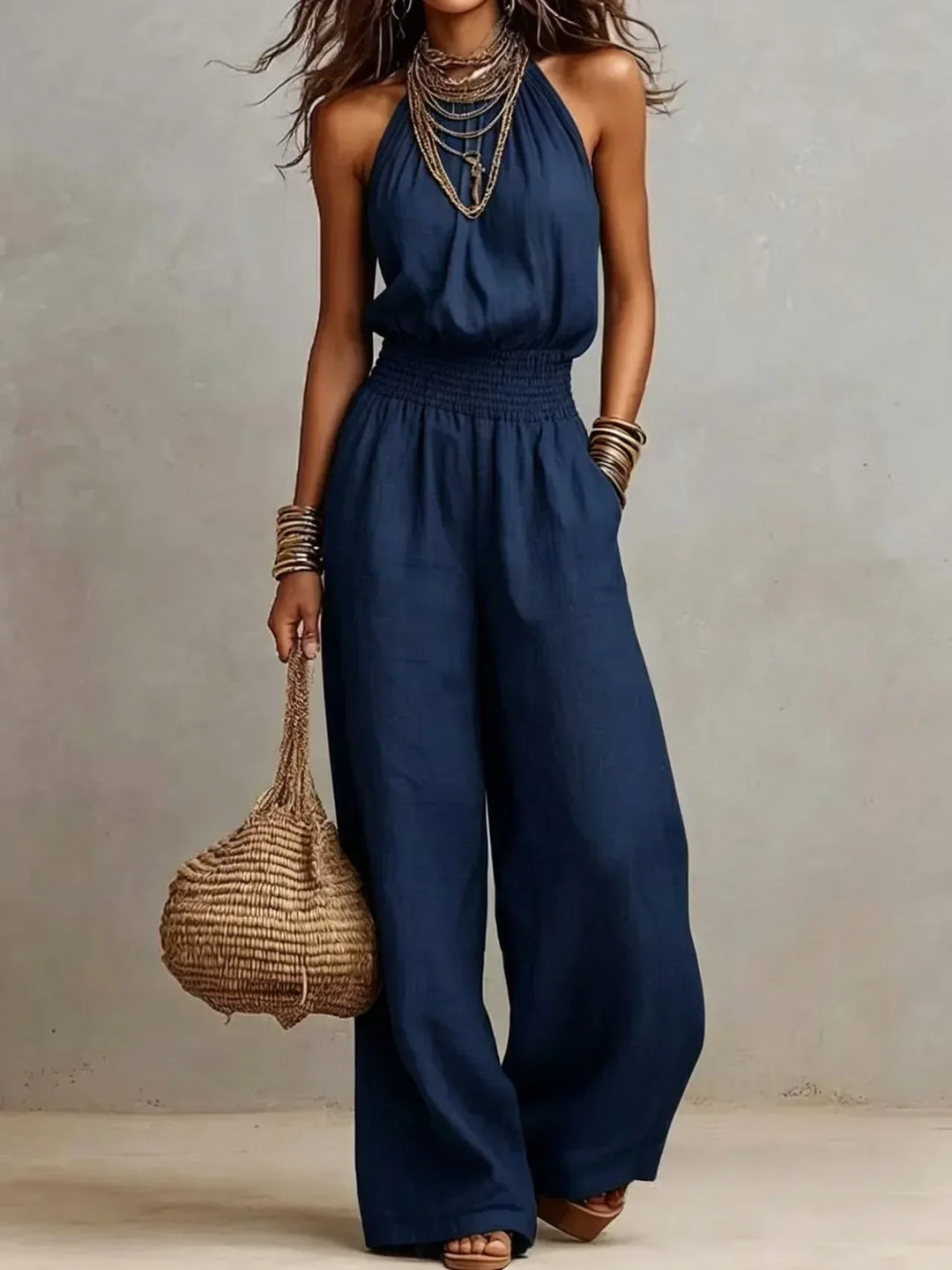 Women's Linen Halter Neck Wide Leg Sleeveless Jumpsuit