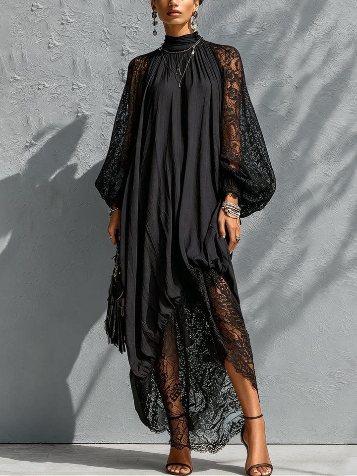 Women's Linen Mock Neck Lace Patchwork Maxi Kaftan Dress