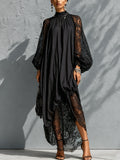 Women's Linen Mock Neck Lace Patchwork Maxi Kaftan Dress